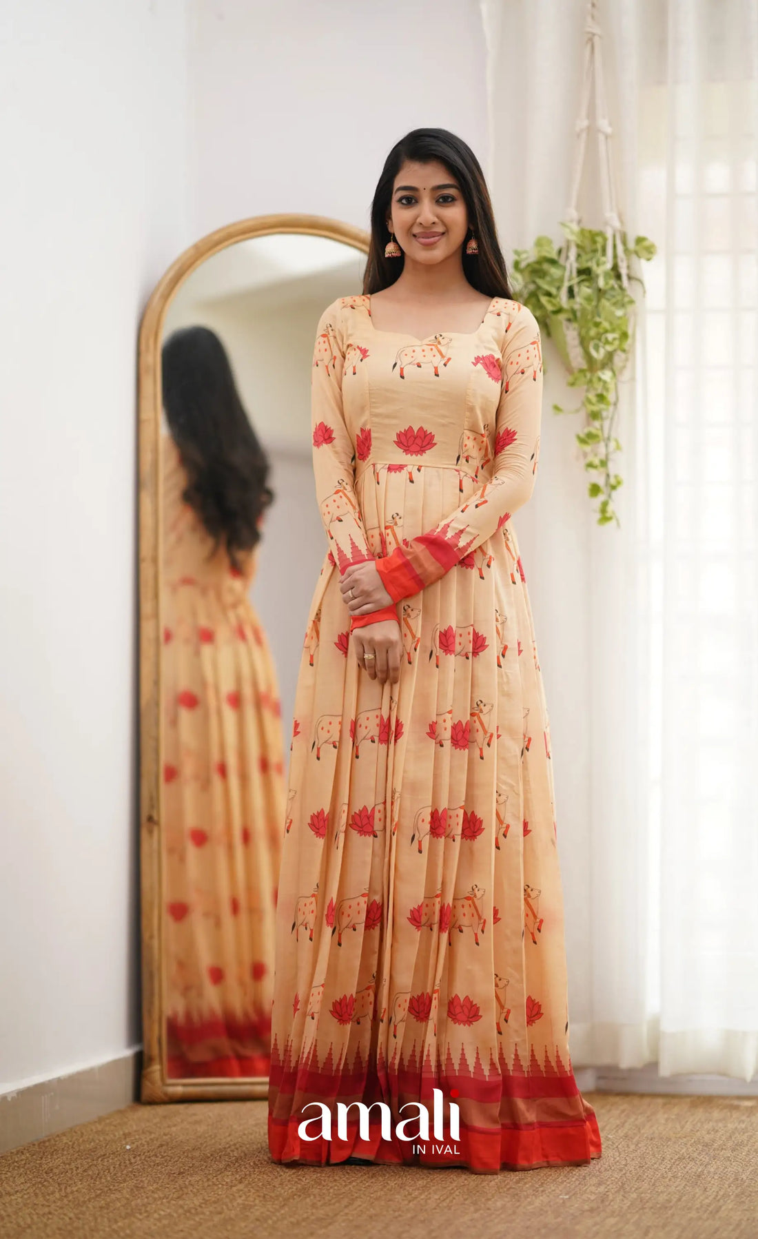 Sandal And Orange Shade Muslin Long Gown Gown