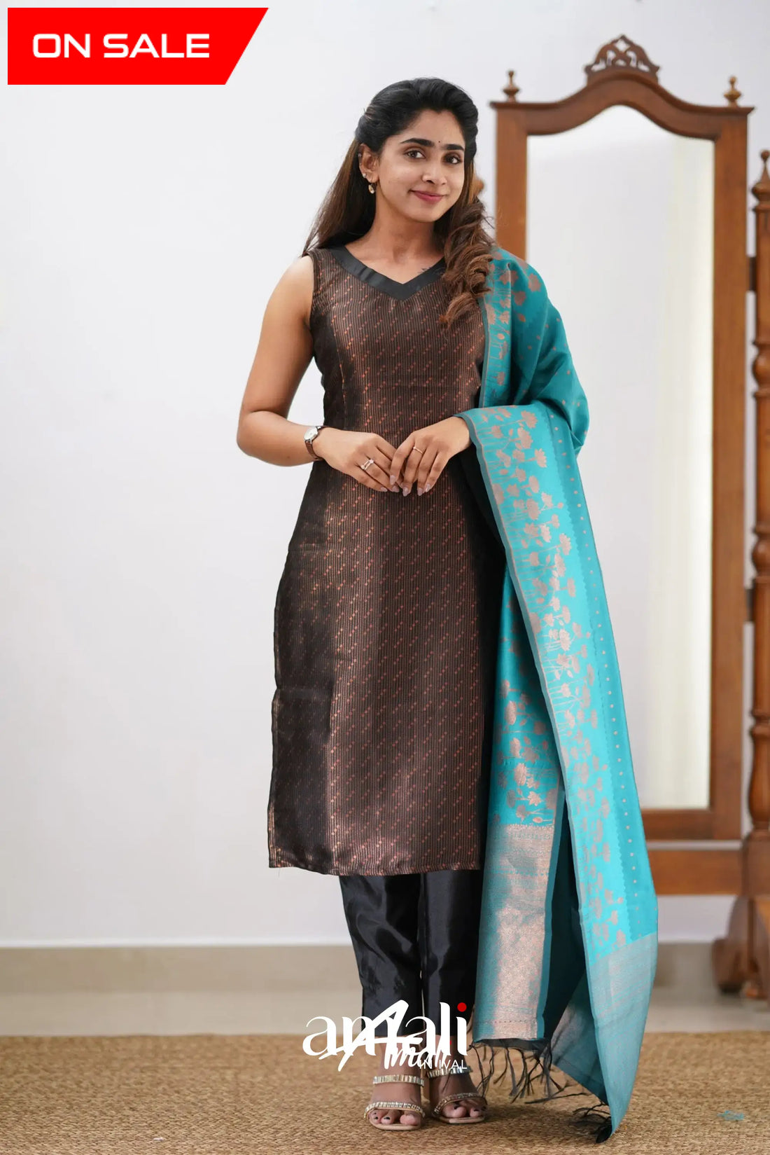 Sanvi - Black And Teal Semi Kanchipuram Silk Salwar Salwar