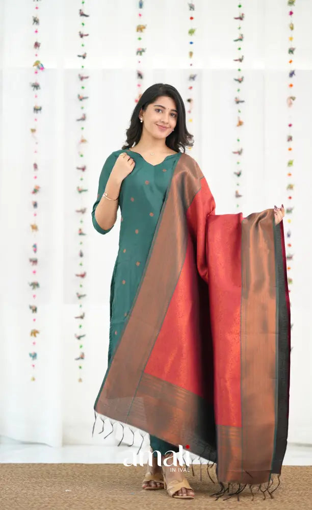 Sanvi Blended Silk Salwar - Bottle Green and Red - salwar