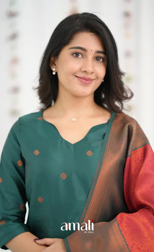 Sanvi Blended Silk Salwar - Bottle Green and Red - salwar