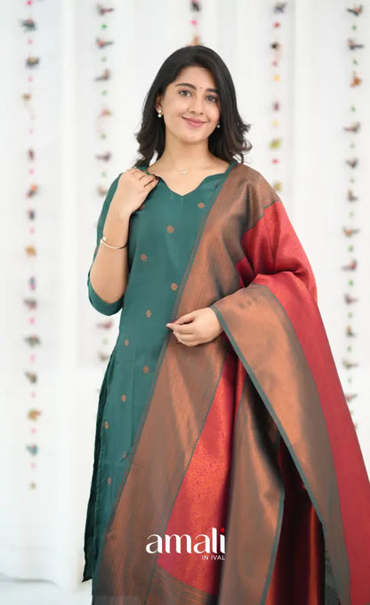 Sanvi Blended Silk Salwar - Bottle Green and Red - salwar