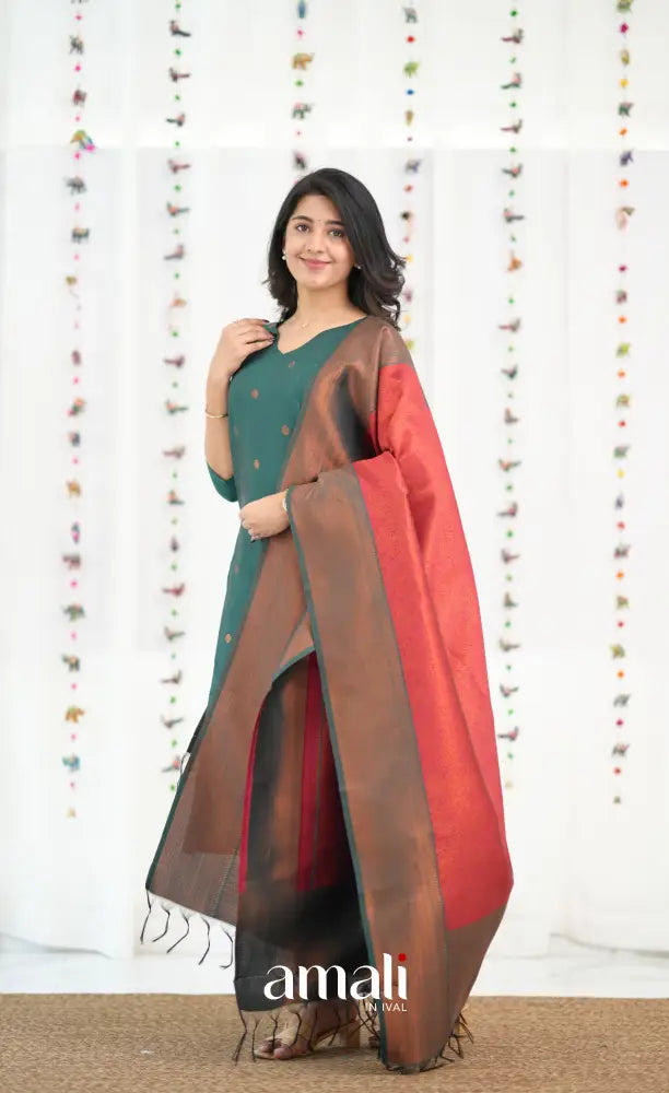 Sanvi Blended Silk Salwar - Bottle Green and Red - salwar