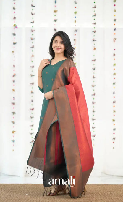 Sanvi Blended Silk Salwar - Bottle Green and Red - salwar