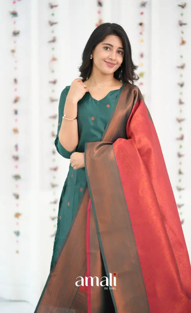 Sanvi Blended Silk Salwar - Bottle Green and Red - salwar