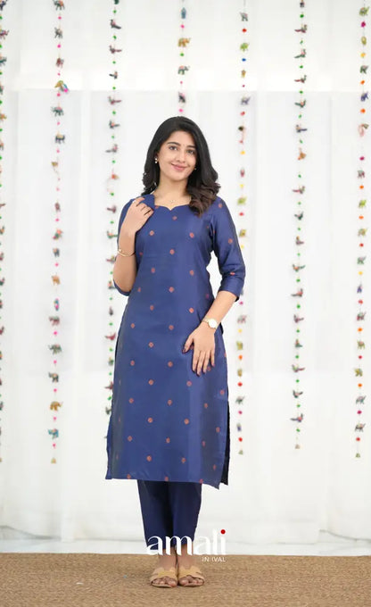 Sanvi Blended Silk Salwar - Dark Royal Blue and Cream - salwar