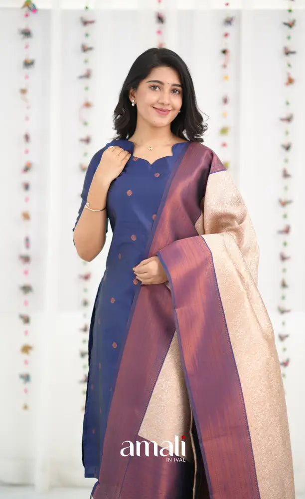 Sanvi Blended Silk Salwar - Dark Royal Blue and Cream - salwar
