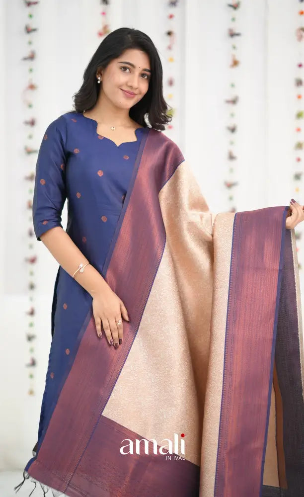 Sanvi Blended Silk Salwar - Dark Royal Blue and Cream - salwar