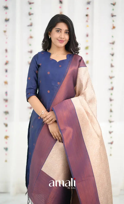 Sanvi Blended Silk Salwar - Dark Royal Blue and Cream - salwar