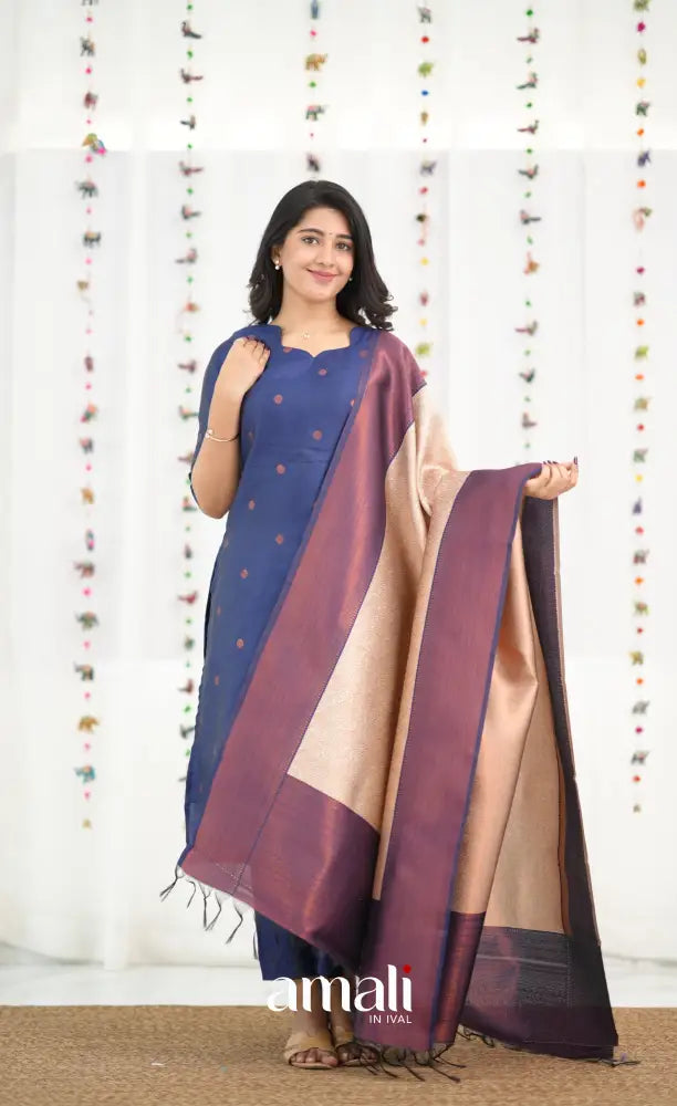 Sanvi Blended Silk Salwar - Dark Royal Blue and Cream - salwar