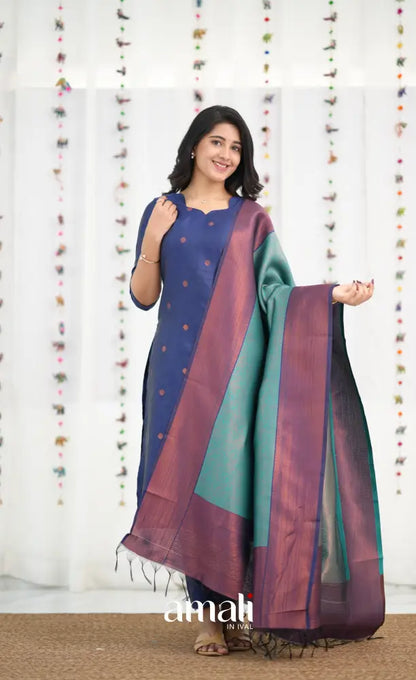 Sanvi Blended Silk Salwar - Dark Royal Blue and Teal Blue - salwar