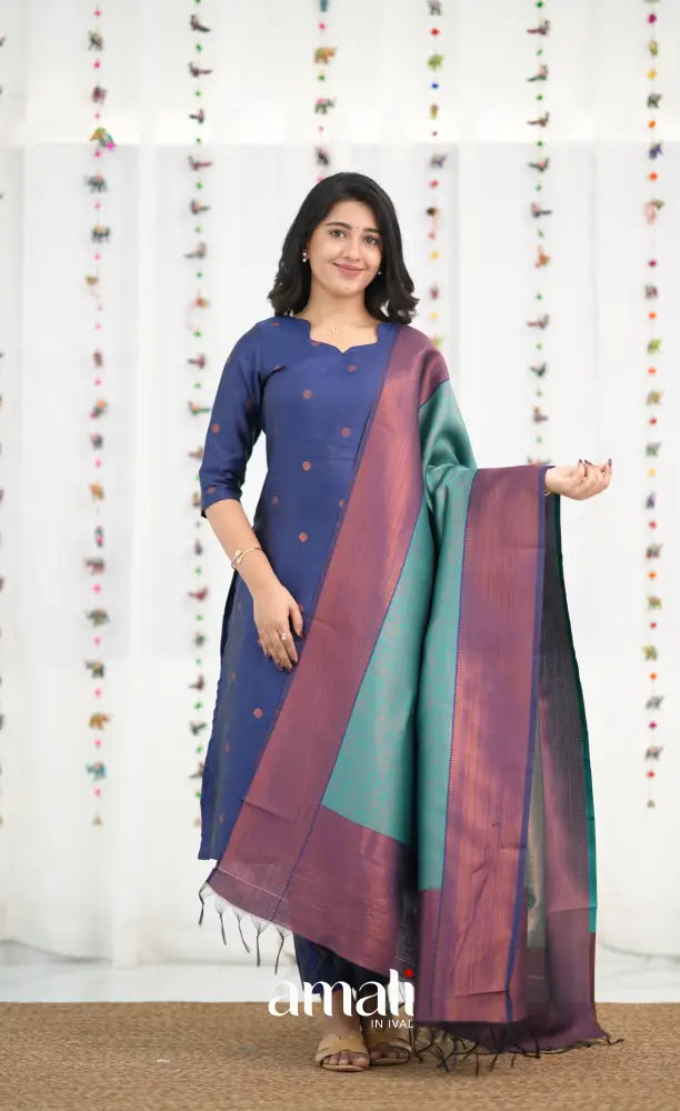 Sanvi Blended Silk Salwar - Dark Royal Blue and Teal Blue - salwar