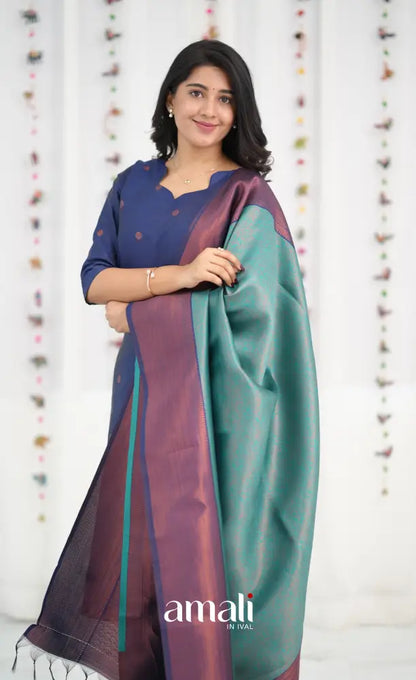 Sanvi Blended Silk Salwar - Dark Royal Blue and Teal Blue - salwar