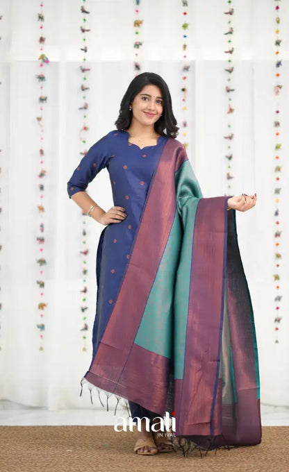 Sanvi Blended Silk Salwar - Dark Royal Blue and Teal Blue - salwar