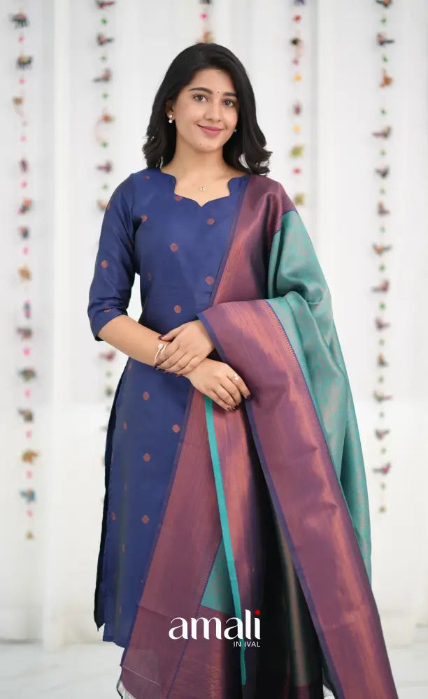 Sanvi Blended Silk Salwar - Dark Royal Blue and Teal Blue - salwar