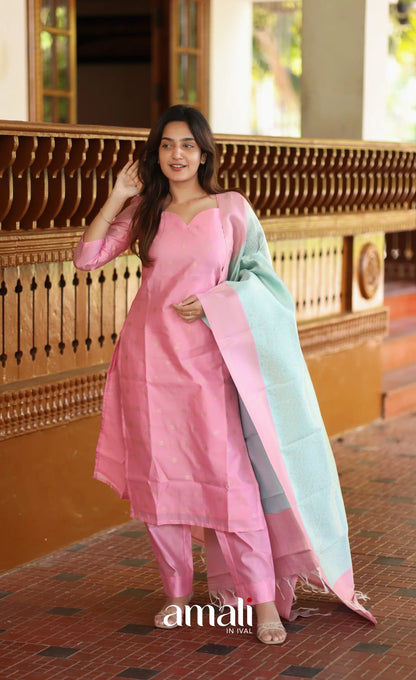 Sanvi Blended Silk Salwar - Light Pink and Pastel Blue salwar