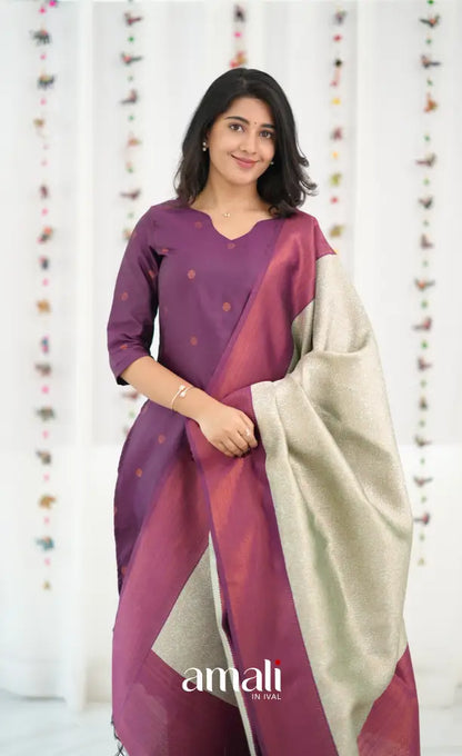 Sanvi Blended Silk Salwar - Magentaish Purple and Pastel Blue - salwar