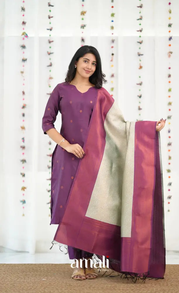 Sanvi Blended Silk Salwar - Magentaish Purple and Pastel Blue - salwar