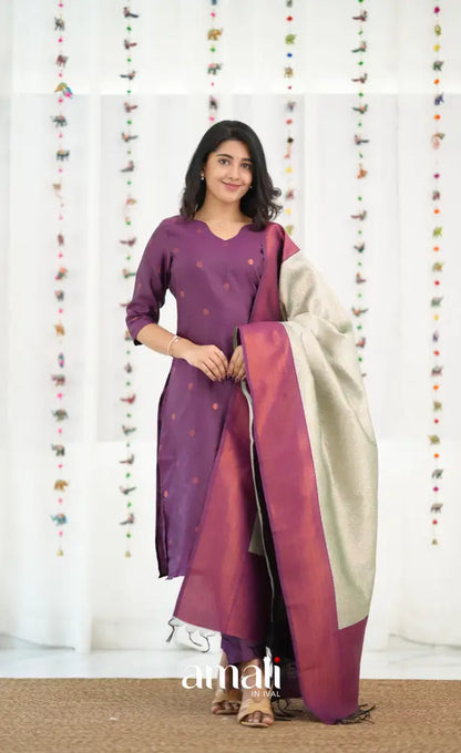 Sanvi Blended Silk Salwar - Magentaish Purple and Pastel Blue - salwar
