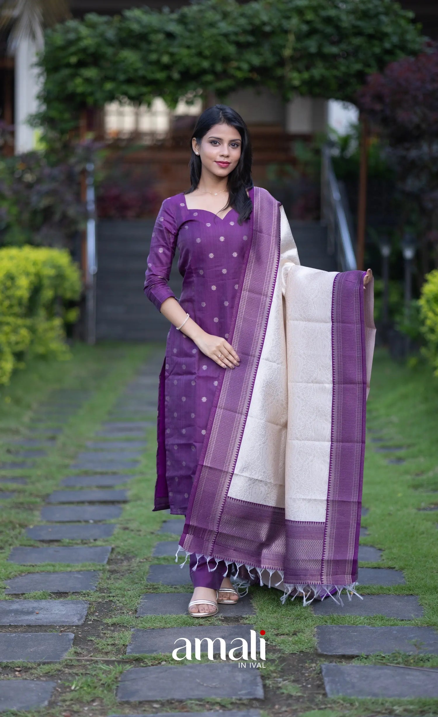 Sanvi Blended Silk Salwar - Purple and Offwhite salwar