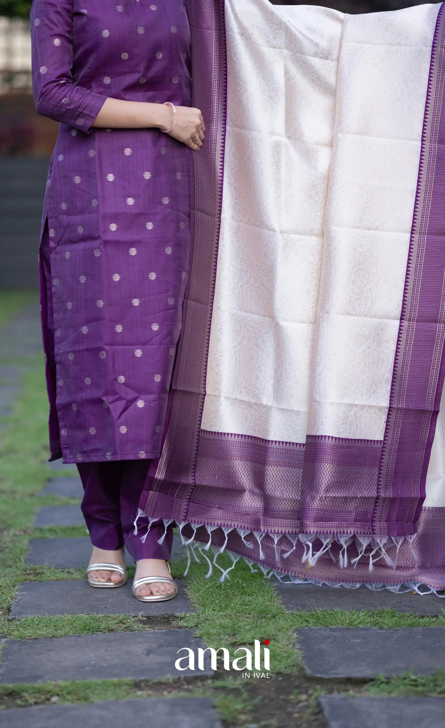 Sanvi Blended Silk Salwar - Purple and Offwhite salwar