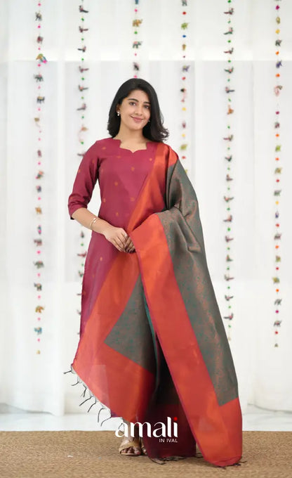 Sanvi Blended Silk Salwar - Reddish Maroon and Dark Green - salwar