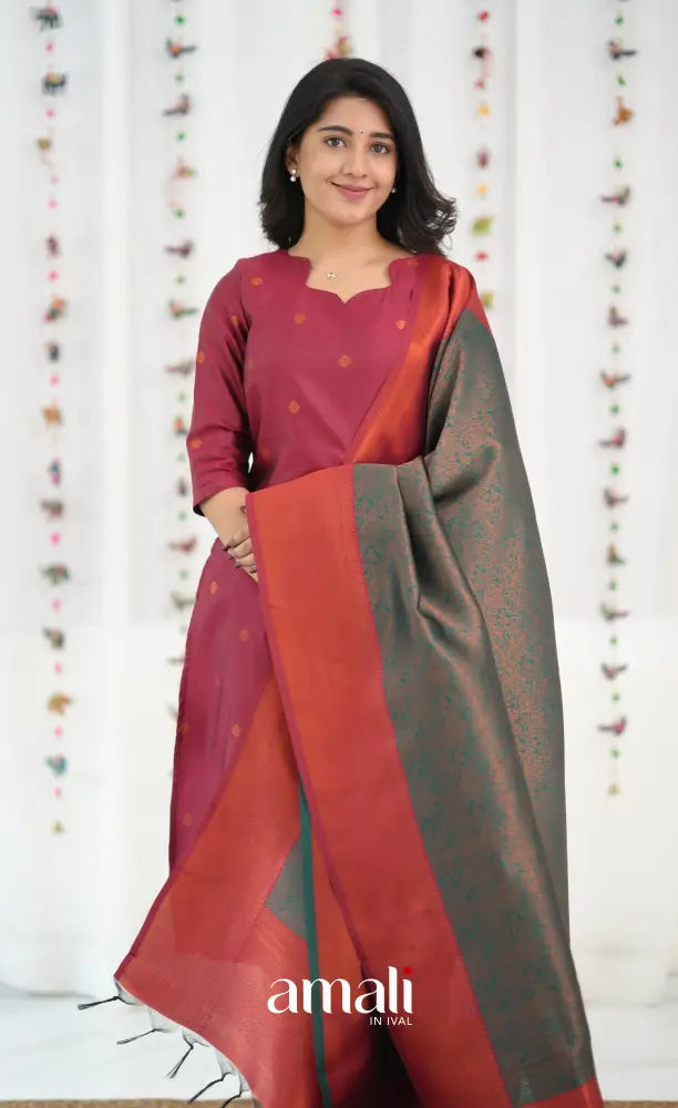 Sanvi Blended Silk Salwar - Reddish Maroon and Dark Green - salwar