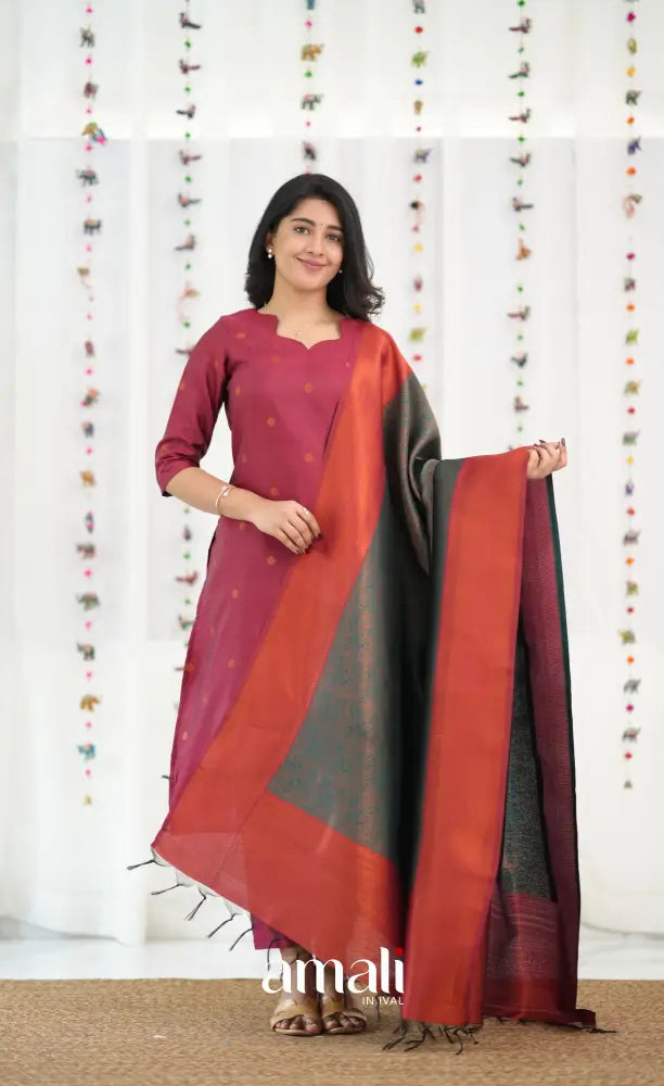 Sanvi Blended Silk Salwar - Reddish Maroon and Dark Green - salwar