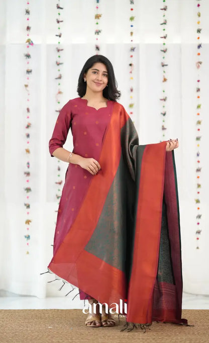 Sanvi Blended Silk Salwar - Reddish Maroon and Dark Green - salwar