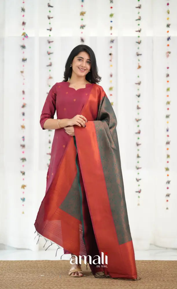 Sanvi Blended Silk Salwar - Reddish Maroon and Dark Green - salwar