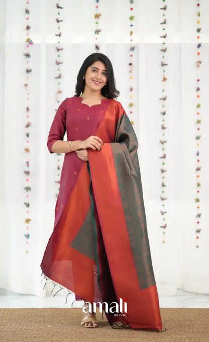 Sanvi Blended Silk Salwar - Reddish Maroon and Dark Green - salwar