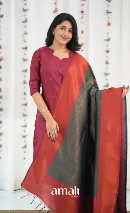 Sanvi Blended Silk Salwar - Reddish Maroon and Dark Green - salwar