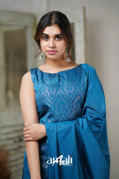 Sanvi - Blue Unstitched Semi Kanchipuram Silk Salwar Salwar