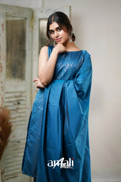 Sanvi - Blue Unstitched Semi Kanchipuram Silk Salwar Salwar