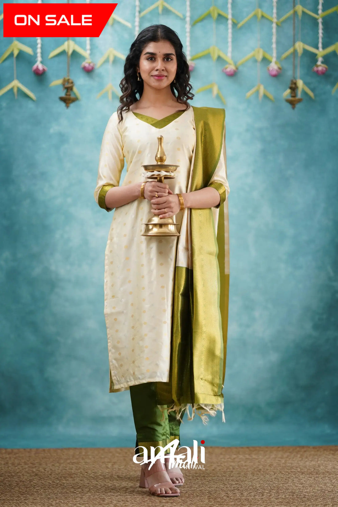 Sanvi - Cream And Green Blended Silk Salwar Salwar