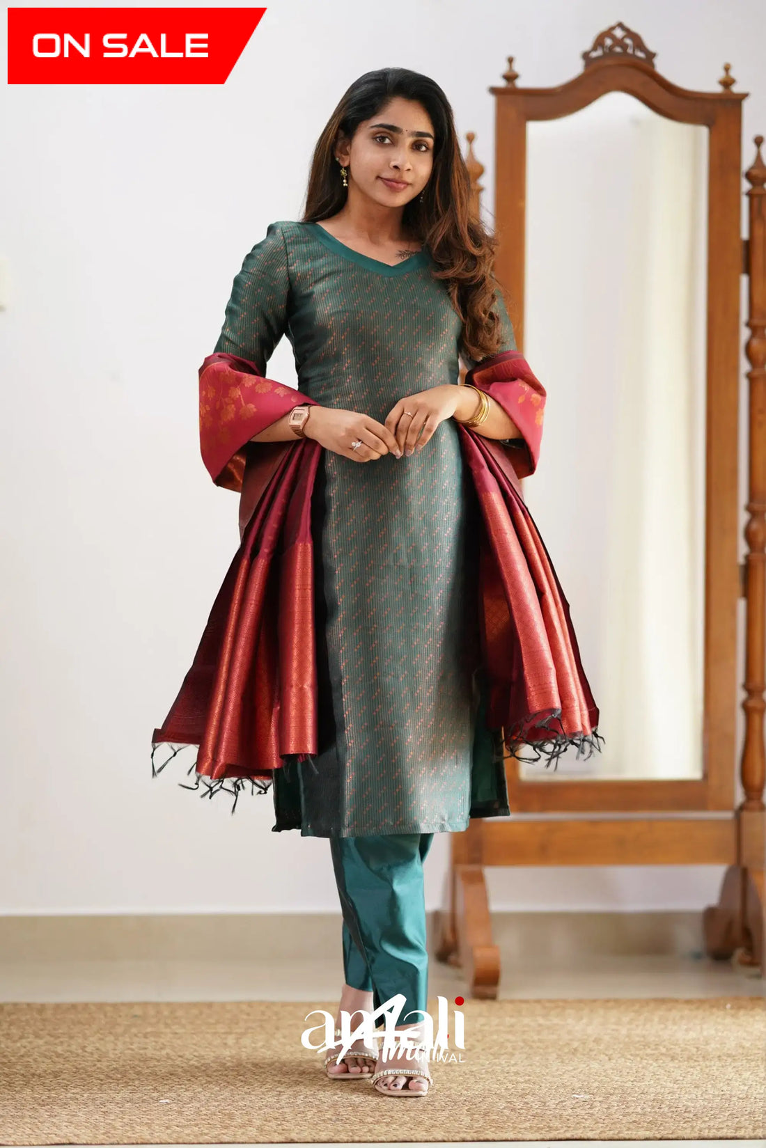 Sanvi - Dark Green And Maroon Semi Kanchipuram Silk Salwar Salwar