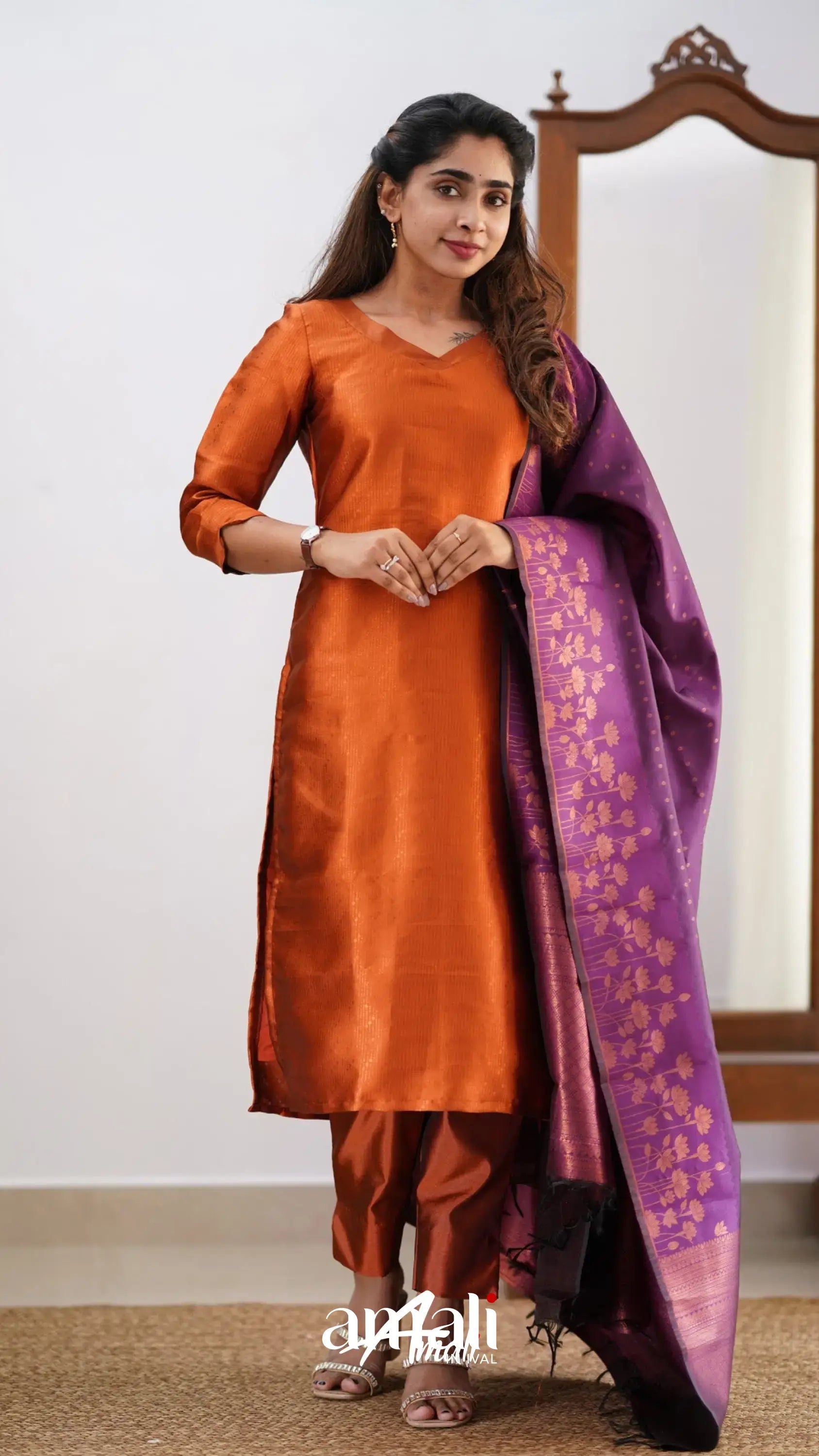 Sanvi - Dark Orange And Purple Semi Kanchipuram Silk Salwar Salwar