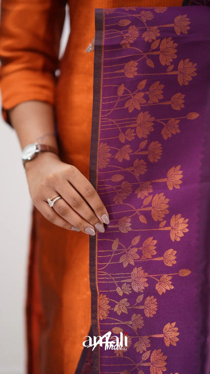 Sanvi - Dark Orange And Purple Semi Kanchipuram Silk Salwar Salwar