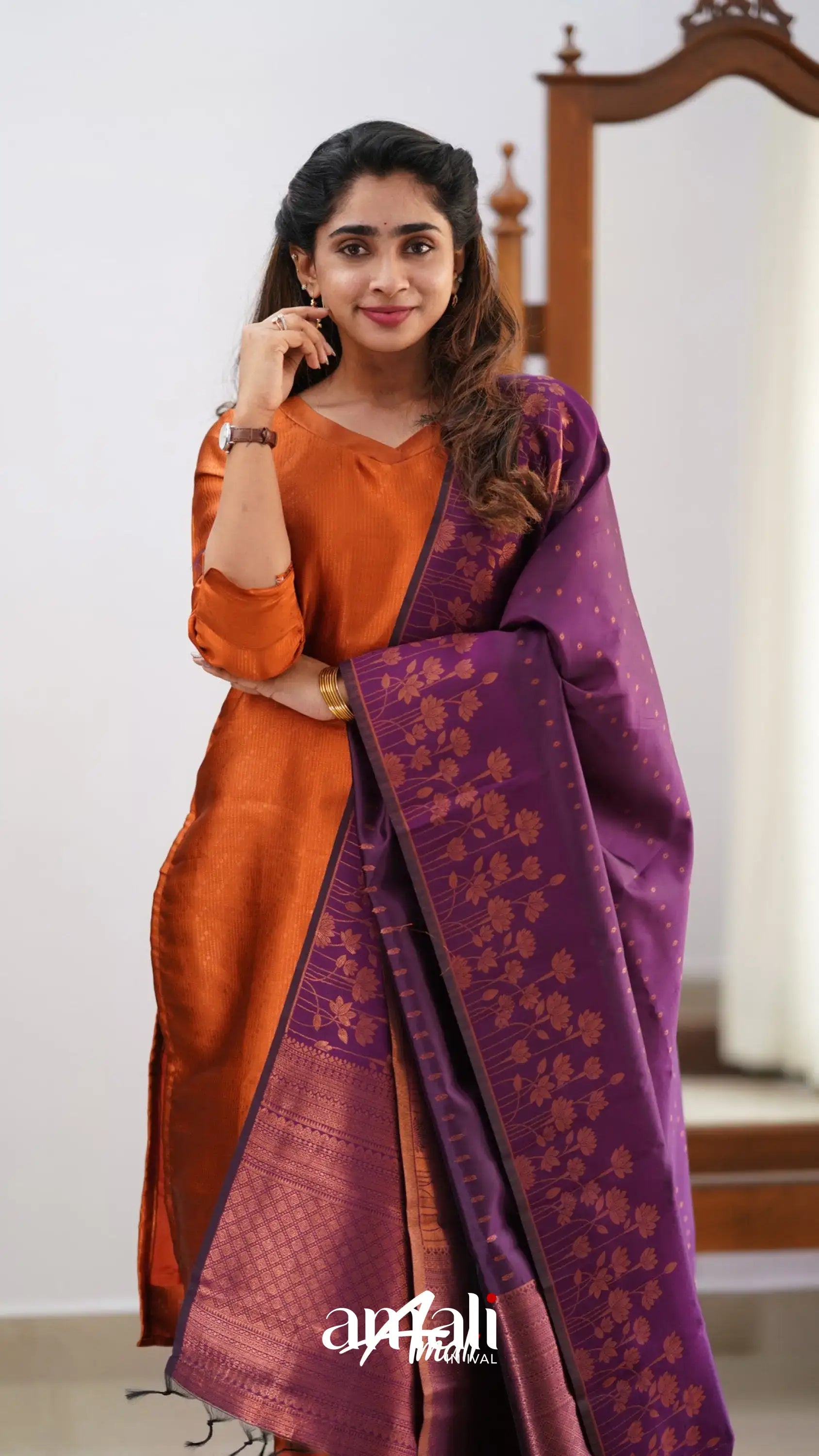 Sanvi - Dark Orange And Purple Semi Kanchipuram Silk Salwar Salwar