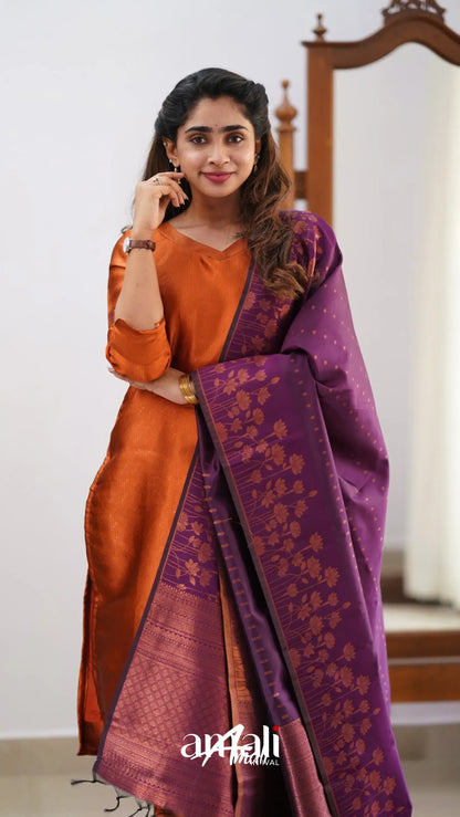 Sanvi - Dark Orange And Purple Semi Kanchipuram Silk Salwar Salwar