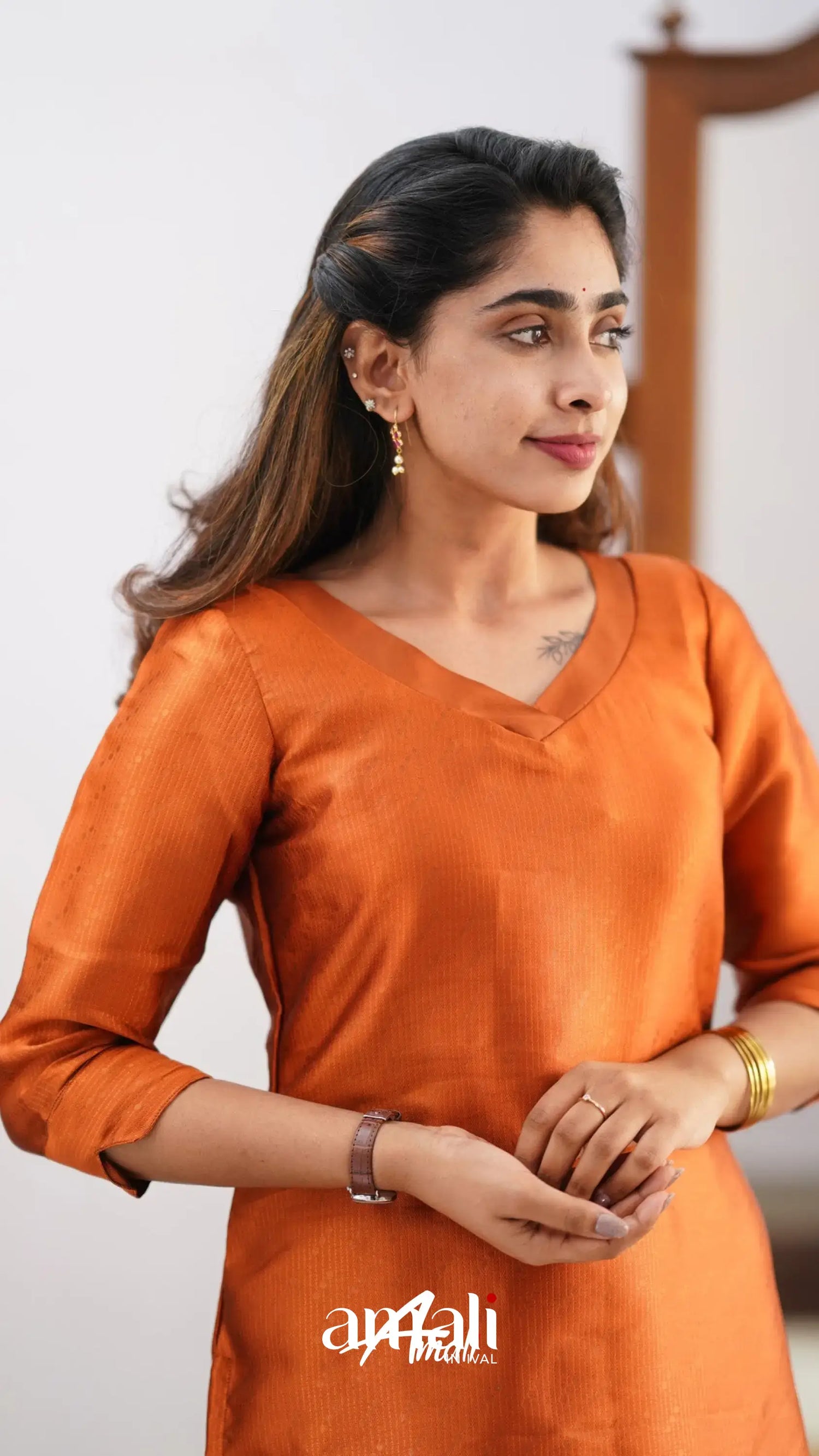 Sanvi - Dark Orange And Purple Semi Kanchipuram Silk Salwar Salwar