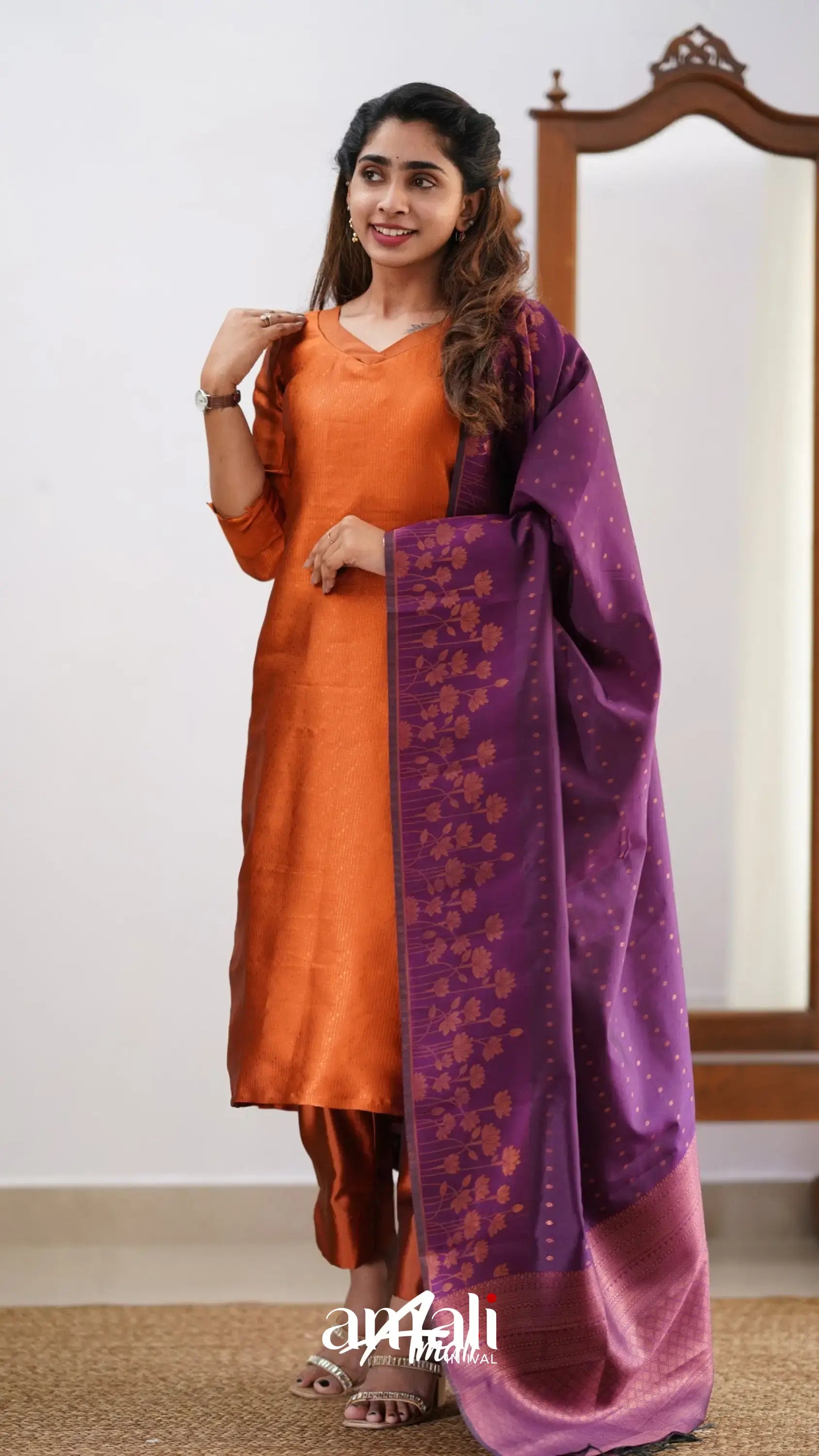 Sanvi - Dark Orange And Purple Semi Kanchipuram Silk Salwar Salwar