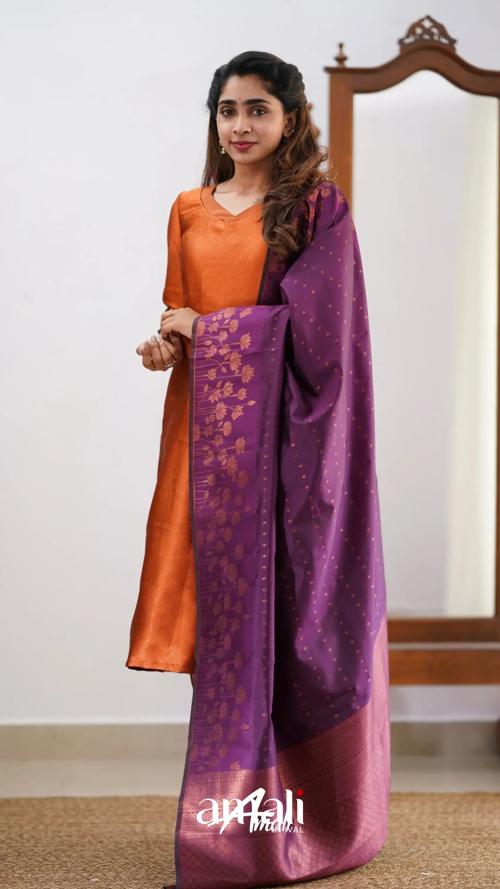 Sanvi - Dark Orange And Purple Semi Kanchipuram Silk Salwar Salwar