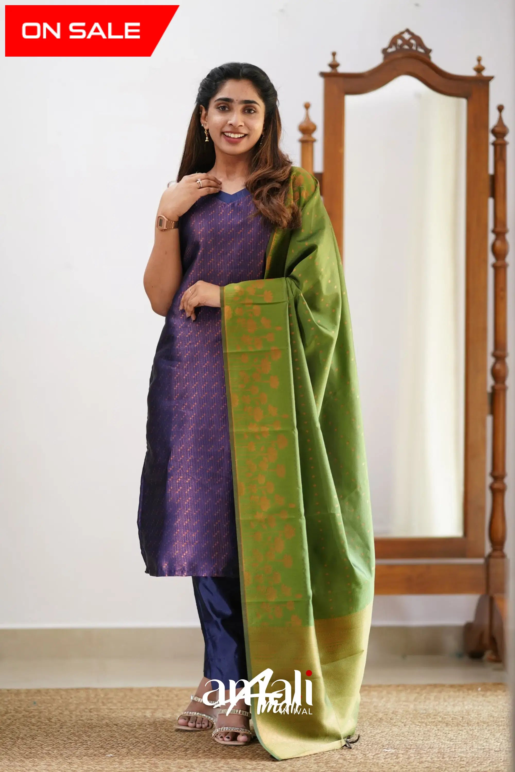 Sanvi - Dark Purplish Blue And Light Green Semi Kanchipuram Silk Salwar Salwar