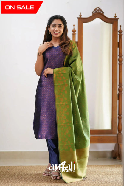 Sanvi - Dark Purplish Blue And Light Green Semi Kanchipuram Silk Salwar Salwar