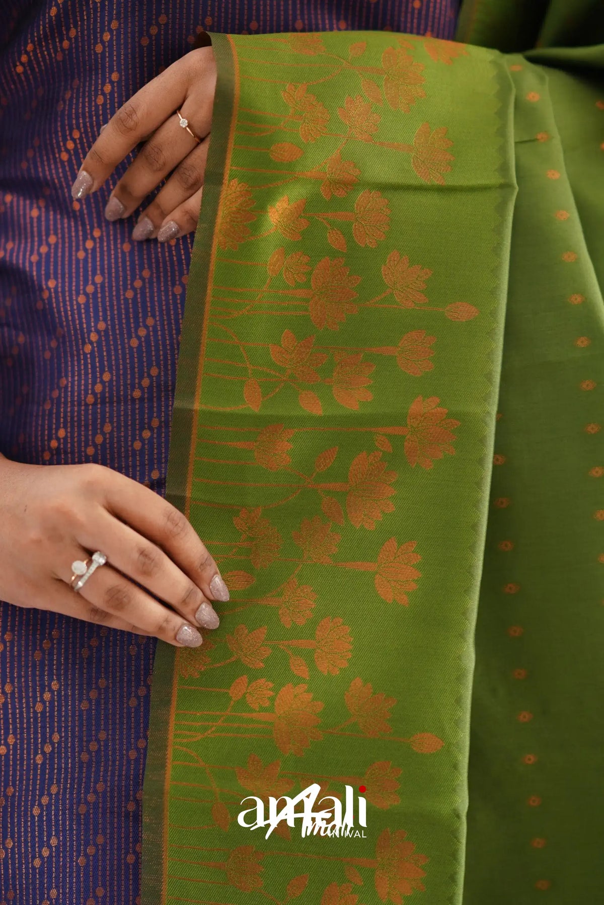 Samavi Color Sanvi - Dark Purplish Blue and Light Green Semi Kanchipuram Silk Salwa ...
