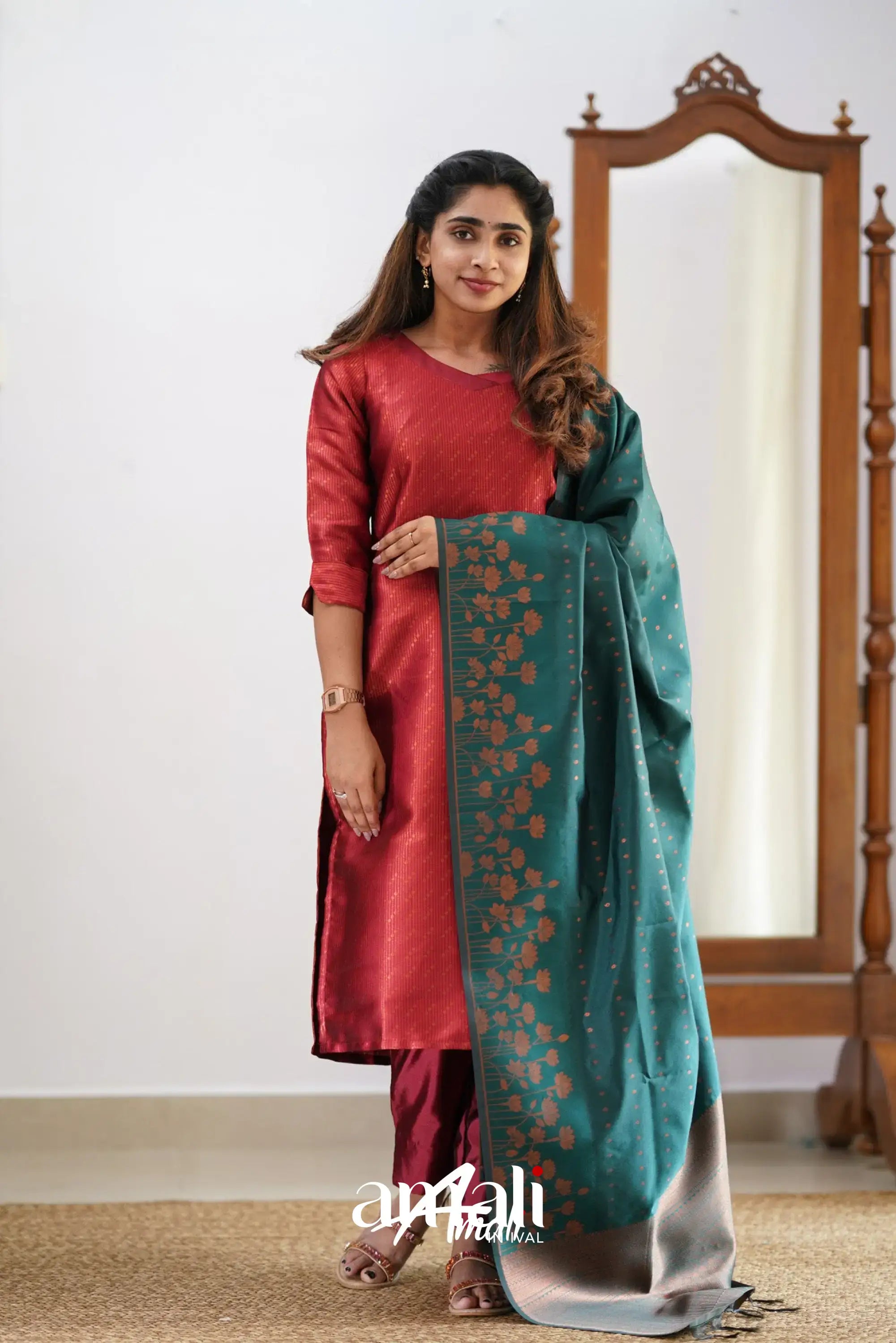Sanvi - Maroonish Red And Dark Teal Semi Kanchipuram Silk Salwar Salwar