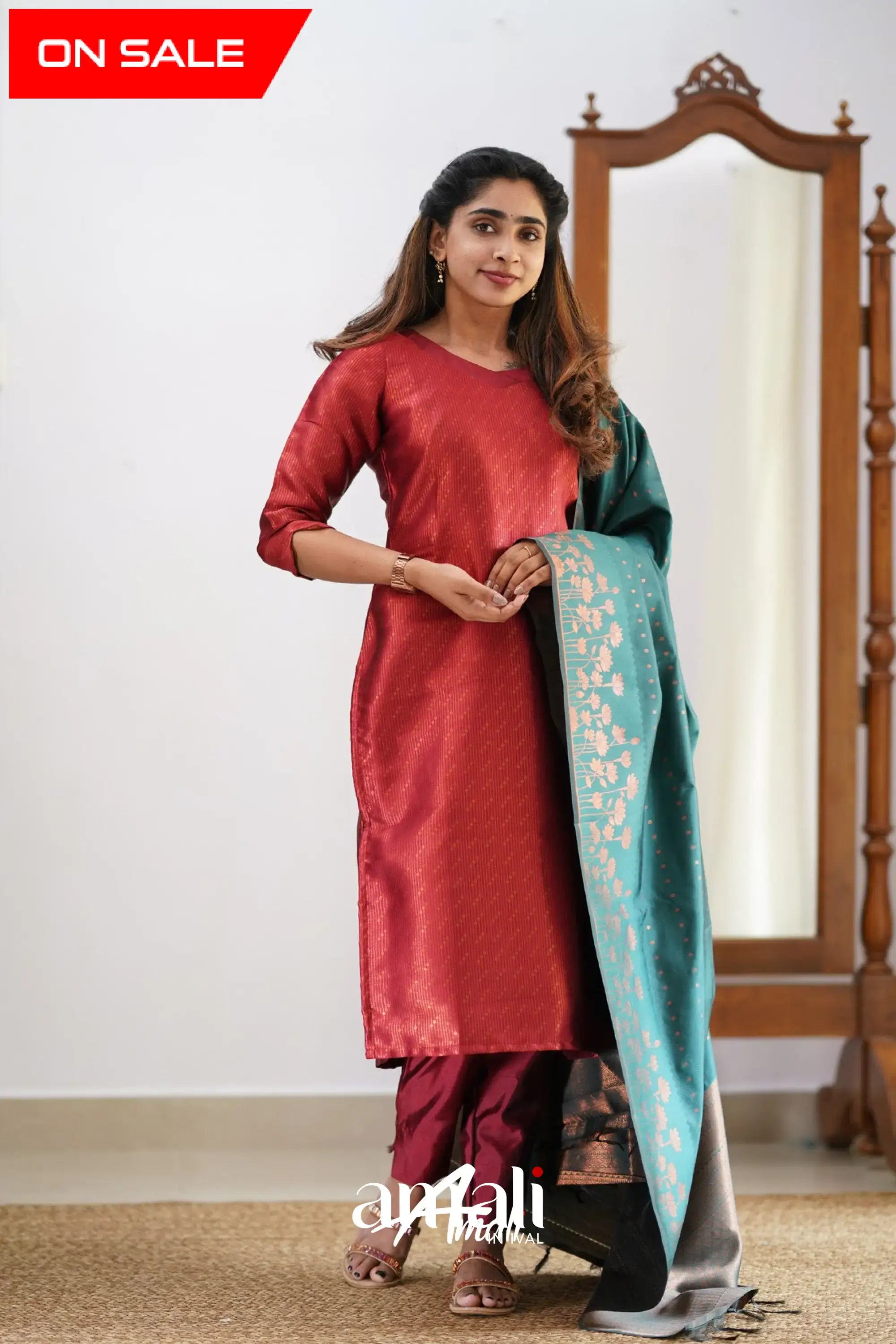Sanvi - Maroonish Red And Dark Teal Semi Kanchipuram Silk Salwar Salwar