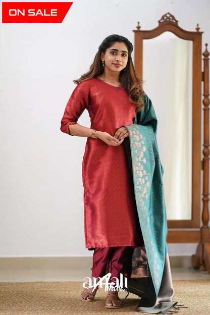 Sanvi - Maroonish Red And Dark Teal Semi Kanchipuram Silk Salwar Salwar