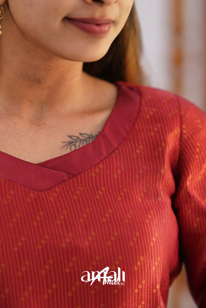 Sanvi - Maroonish Red And Dark Teal Semi Kanchipuram Silk Salwar Salwar