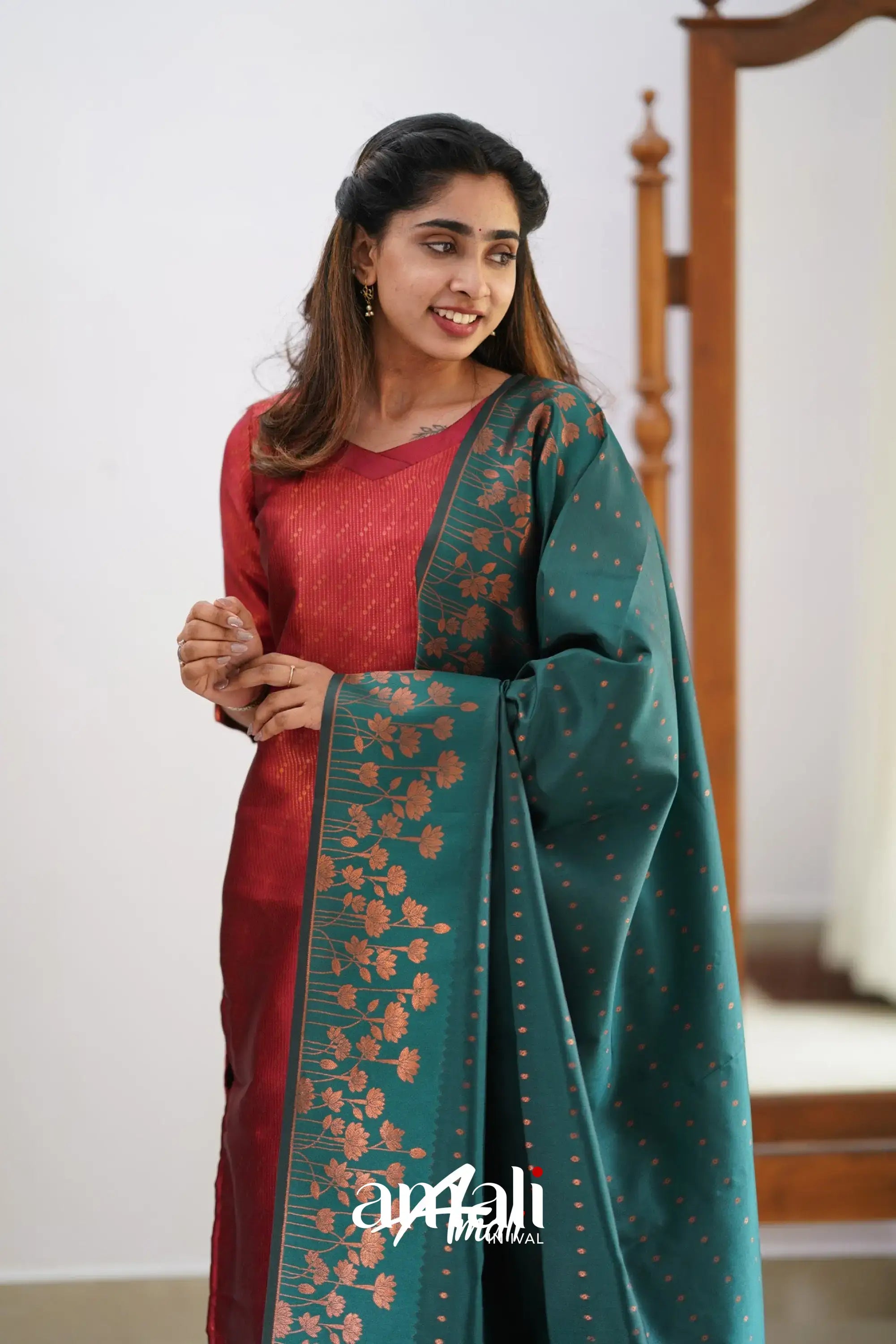 Sanvi - Maroonish Red And Dark Teal Semi Kanchipuram Silk Salwar Salwar